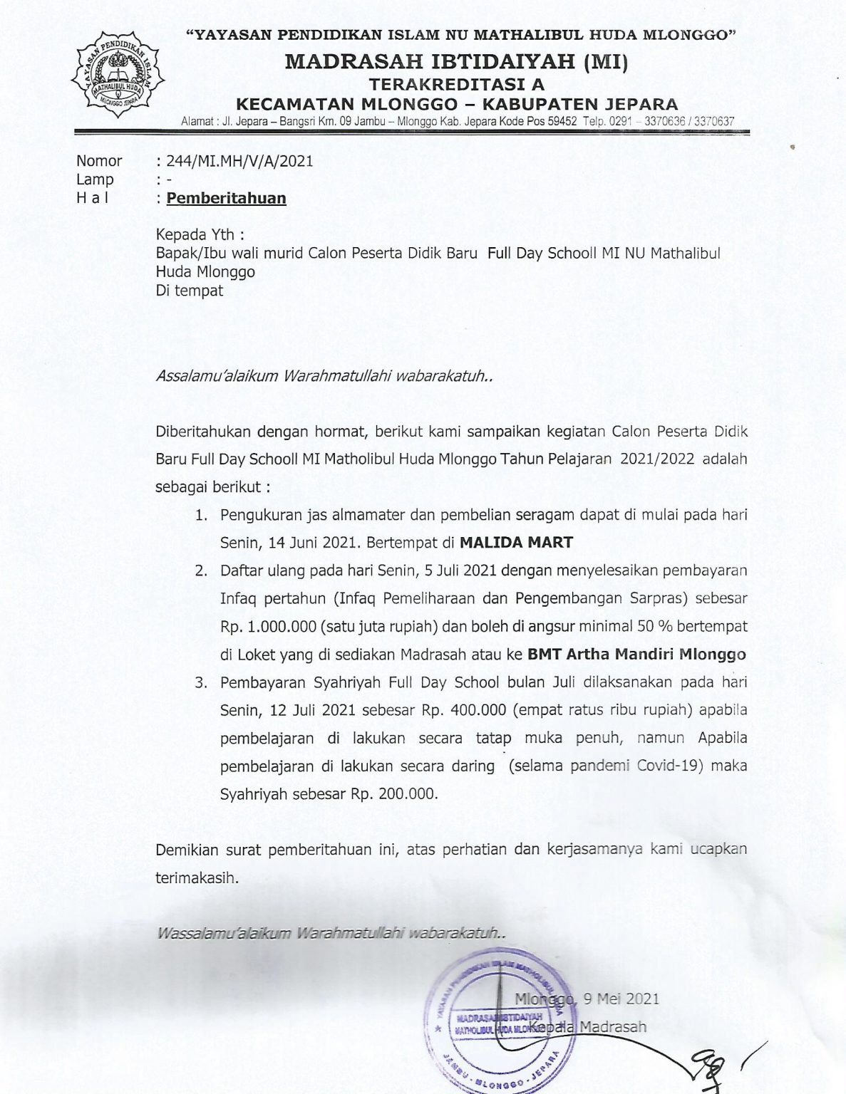 Surat pemberitahuan full day school calon peserta didik baru 2021 2022